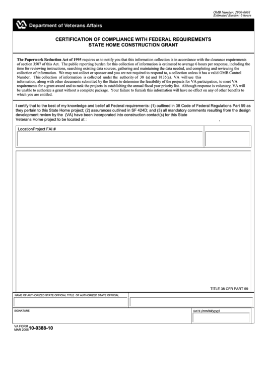 Fillable Va Form 10-0388-10 - Certification Of Compliance With Federal Requirements State Home Construction Grant Printable pdf