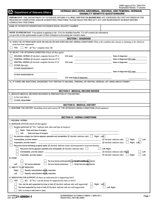 Fillable Va Form 21-0960h-1 - Hernias (Including Abdominal, Inguinal And Femoral Hernias) Disability Benefits Questionnaire Printable pdf