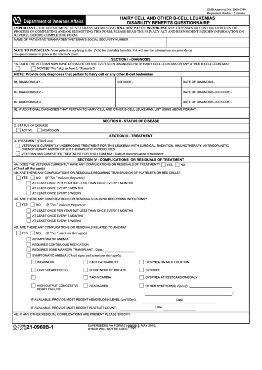 Fillable Va Form 21-0960b-1 - Hairy Cell And Other B-Cell Leukemias Disability Benefits Questionnaire Printable pdf