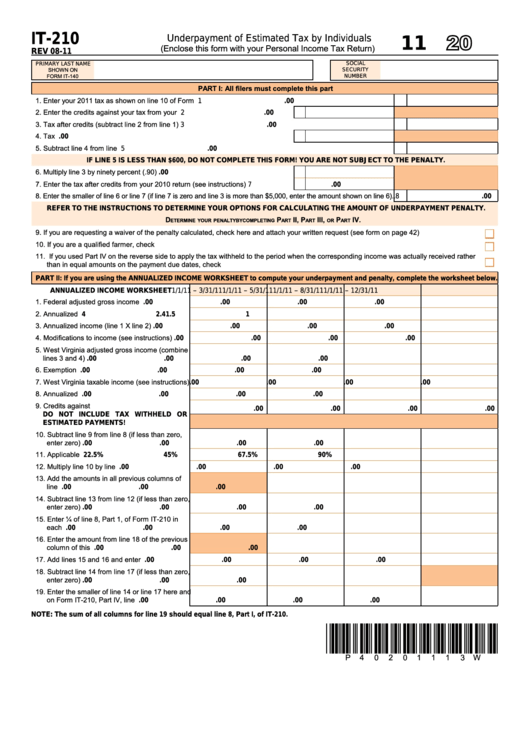 Form It-210 - Underpayment Of Estimated Tax By Individuals - 2011 Printable pdf