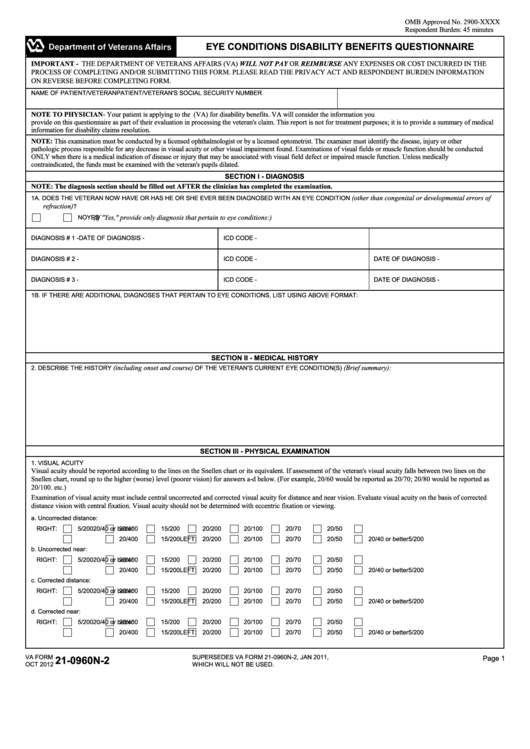 Fillable Va Form 21-0960n-2 - Eye Conditions Disability Benefits Questionnaire Printable pdf