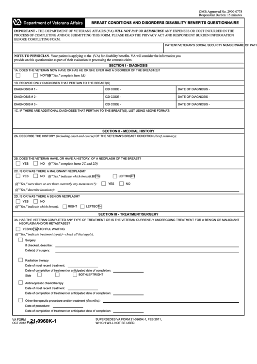Fillable Va Form 21-0960k-1 - Breast Conditions And Disorders Disability Benefits Questionnaire Printable pdf