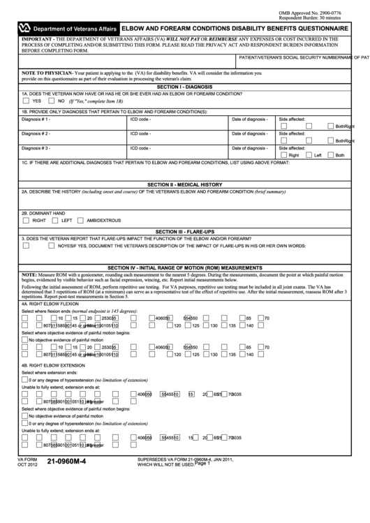 Fillable Va Form 21-0960m-4 - Elbow And Forearm Conditions Disability Benefits Questionnaire Printable pdf