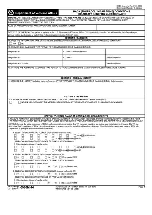 Fillable Va Form 21-0960m-14 - Back (Thoracolumbar Spine) Conditions Disability Benefits Questionnaire Printable pdf