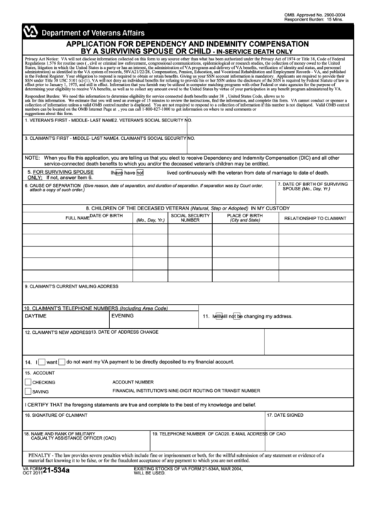 Fillable Va Form 21-534a - Application For Dependency And Indemnity Compensation By A Surviving Spouse Or Child Printable pdf