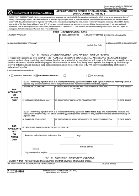 Fillable Va Form 22-5281 - Application For Refund Of Educational Contributions Printable pdf