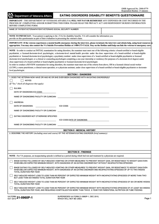 Fillable Va Form 21-0960p-1 - Eating Disorders Disability Benefits Questionnaire Printable pdf