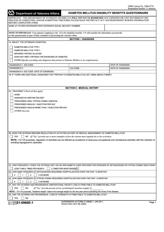 Fillable Va Form 21-0960e-1 - Diabetes Mellitus Disability Benefits Questionnaire Printable pdf