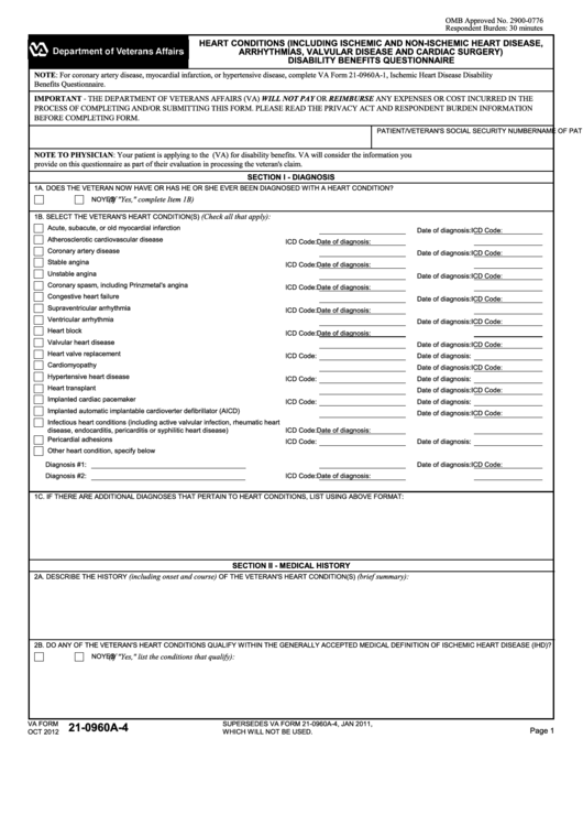 Fillable Va Form 21-0960a-4 - Heart Conditions (Including Ischemic And Non-Ischemic Heart Disease, Arrhythmias, Valvular Disease And Cardiac Surgery) Disability Benefits Questionnaire Printable pdf