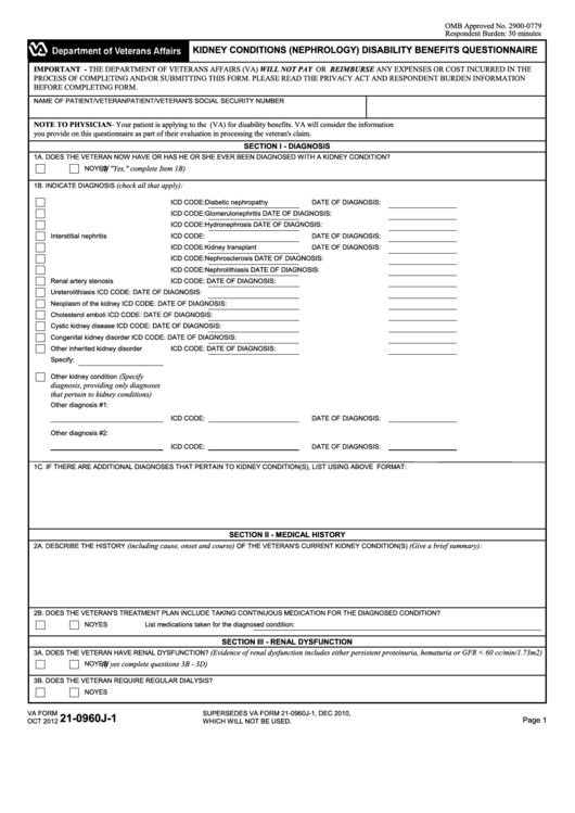 Fillable Va Form 21-0960j-1 - Kidney Conditions (Nephrology) Disability Benefits Questionnaire Printable pdf