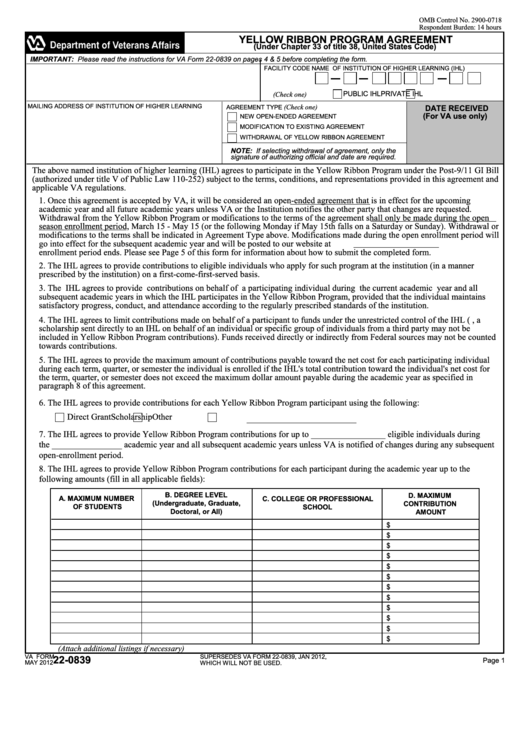 Fillable Va Form 22-0839 - Yellow Ribbon Program Agreement Printable pdf