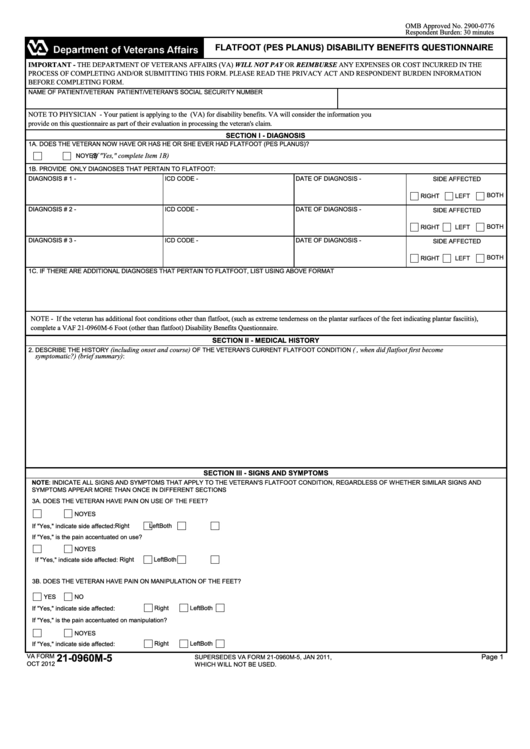 Fillable Va Form 21-0960m-5 - Flatfoot (Pes Planus) Disability Benefits Questionnaire Printable pdf