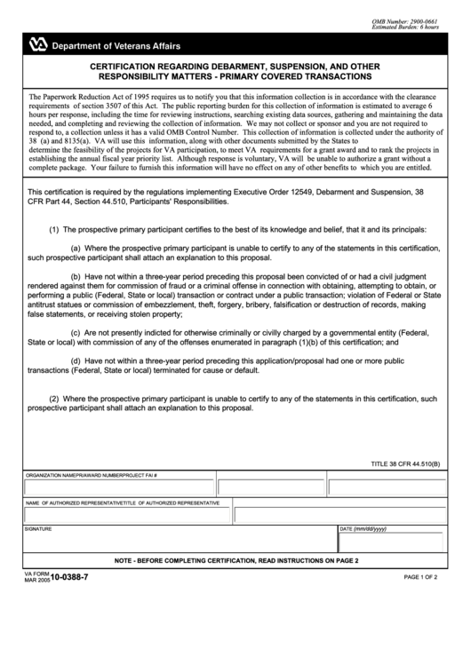 Va Form 10-0388-7 - Certification Regarding Debarment, Suspension, And Other Responsibility Matters - Primary Covered Transactions Printable pdf