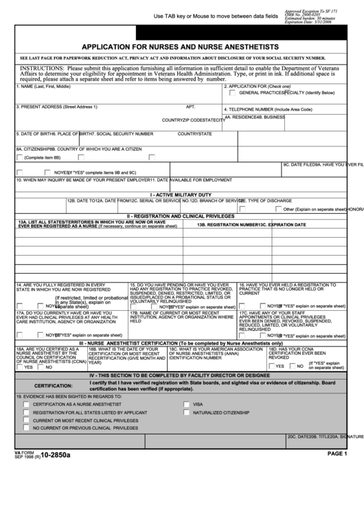 Fillable Va Form 10-2850a - Application For Nurses And Nurse Anesthetists Printable pdf