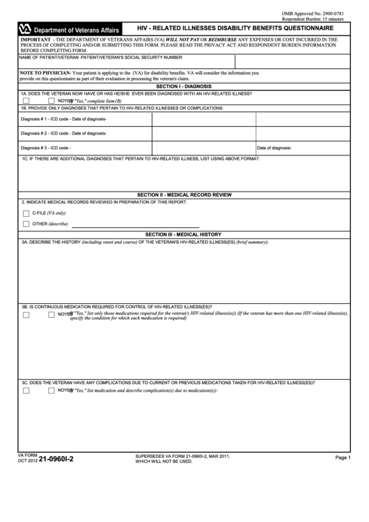 Fillable Va Form 21-0960i-2 - Hiv - Related Illnesses Disability Benefits Questionnaire Printable pdf