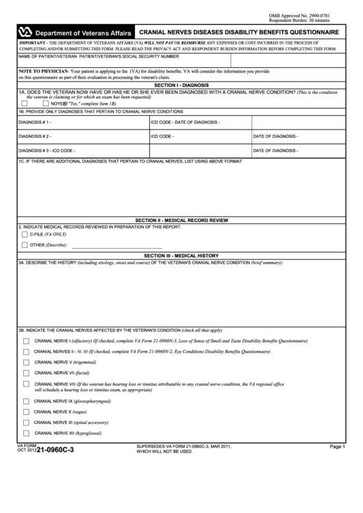 Fillable Va Form 21-0960c-3 - Cranial Nerves Diseases Disability Benefits Questionnaire Printable pdf