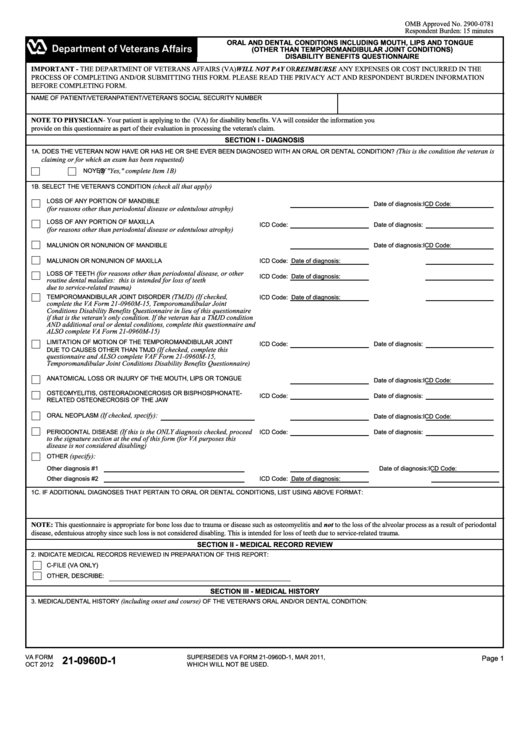 Fillable Va Form 21-0960d-1 - Oral And Dental Conditions Including Mouth, Lips And Tongue (Other Than Temporomandibular Joint Conditions) Disability Benefits Questionnaire Printable pdf