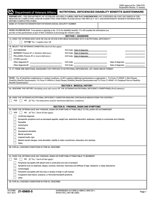 Fillable Va Form 21-0960i-5 - Nutritional Deficiencies Disability Benefits Questionnaire Printable pdf