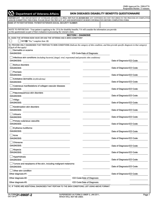 Fillable Va Form 21-0960f-2 - Skin Diseases Disability Benefits Questionnaire Printable pdf