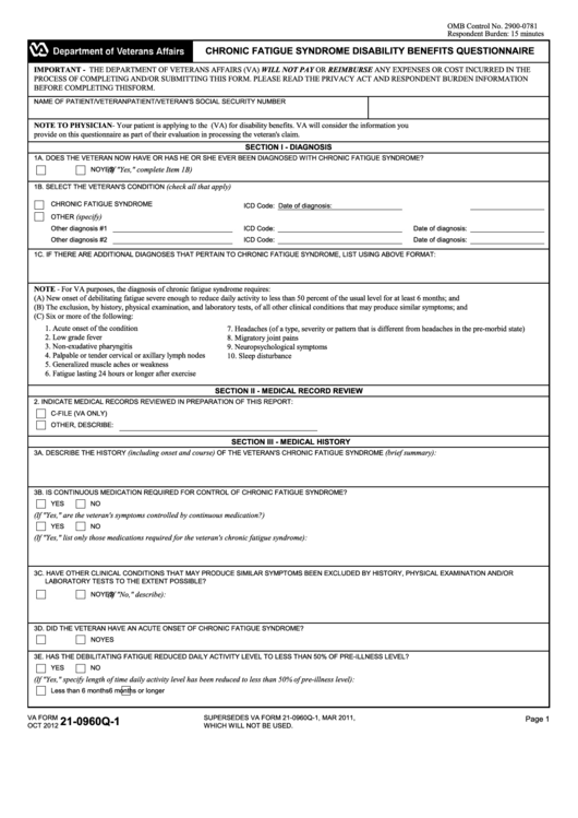 Fillable Va Form 21-0960q-1 - Chronic Fatigue Syndrome Disability Benefits Questionnaire Printable pdf