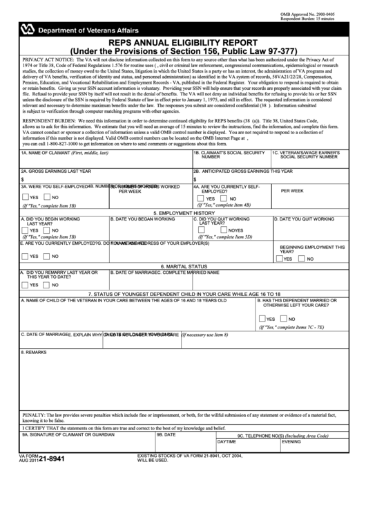 Fillable Va Form 21-8941 - Reps Annual Eligibility Report Printable pdf
