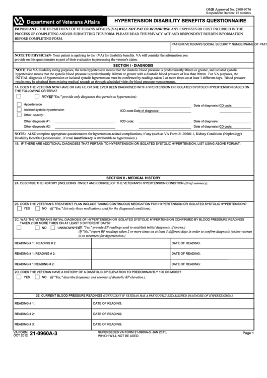 Fillable Va Form 21-0960a-3 - Hypertension Disability Benefits Questionnaire Printable pdf