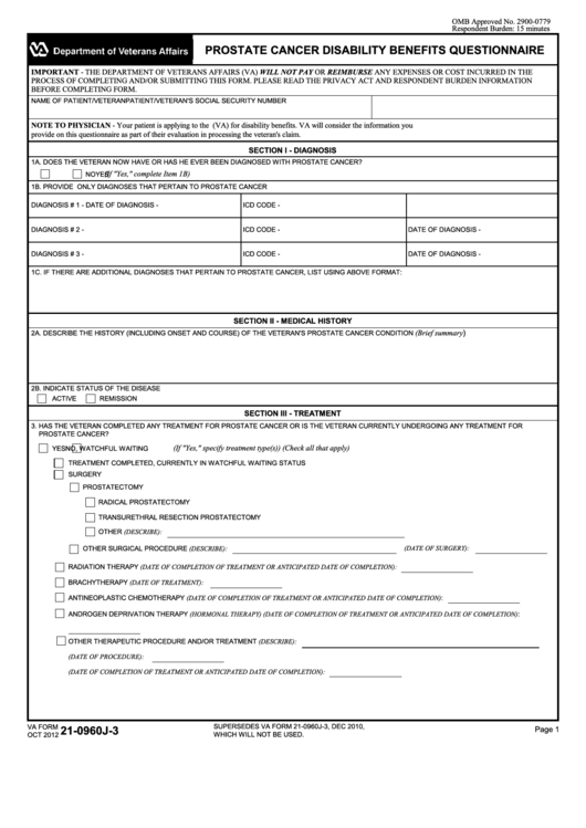 Fillable Va Form 21-0960j-3 - Prostate Cancer Disability Benefits Questionnaire Printable pdf