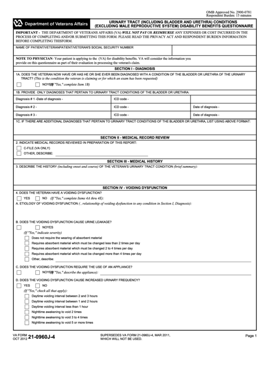 Fillable Va Form 21-0960j-4 - Urinary Tract (Including Bladder And Urethra) Conditions (Excluding Male Reproductive System) Disability Benefits Questionnaire Printable pdf
