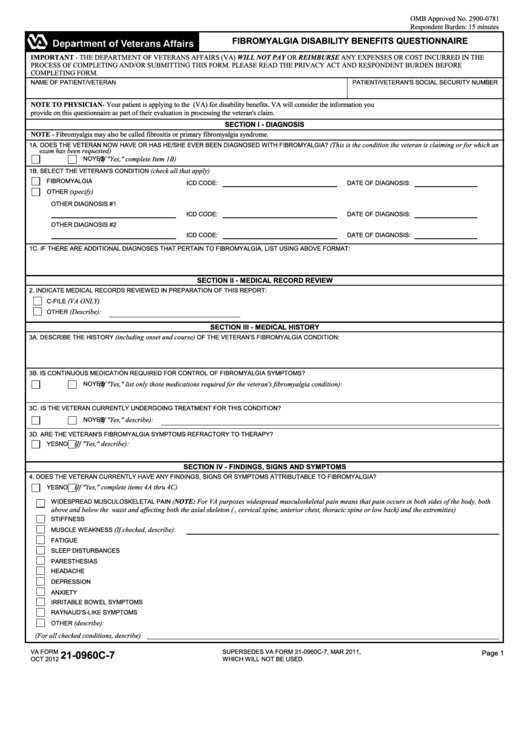 Fillable Va Form 21-0960c-7 - Fibromyalgia Disability Benefits Questionnaire Printable pdf