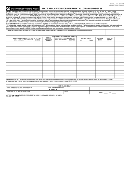 Fillable Va Form 21 530a State Application For Interment Allowance Under 38 U s c Chapter 23