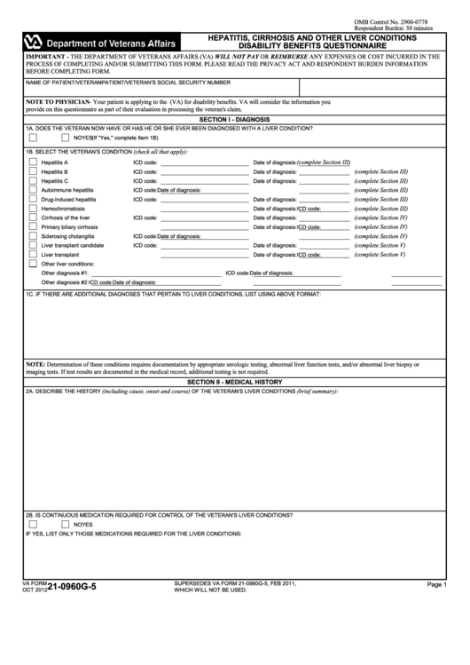 Fillable Va Form 21-0960g-5 - Hepatitis, Cirrhosis And Other Liver Conditions Disability Benefits Questionnaire Printable pdf