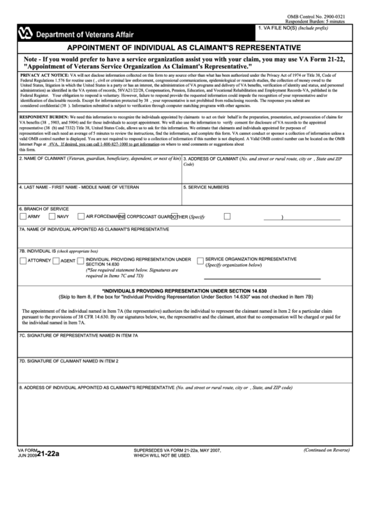 Fillable Va Form 21-22a - Appointment Of Individual As Claimant