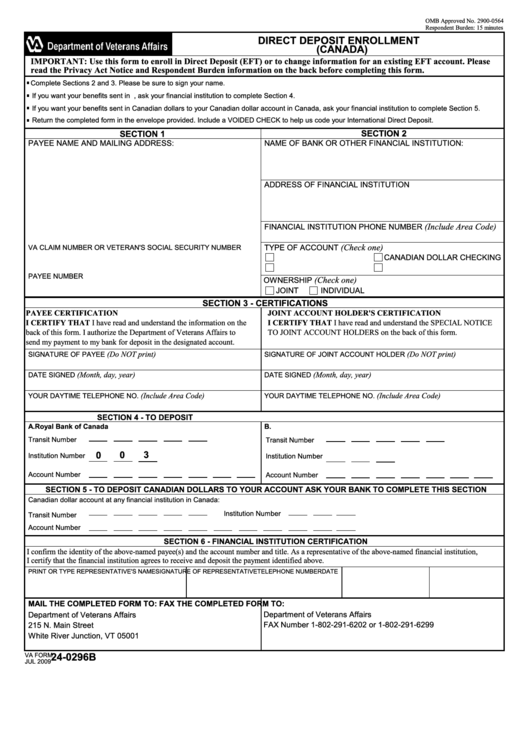 Fillable Va Form 24-0296b - Direct Deposit Enrollment (Canada) Printable pdf