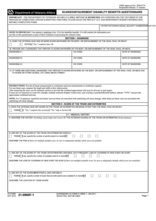 Fillable Va Form 21-0960f-1 - Scars/disfigurement Disability Benefits Questionnaire Printable pdf