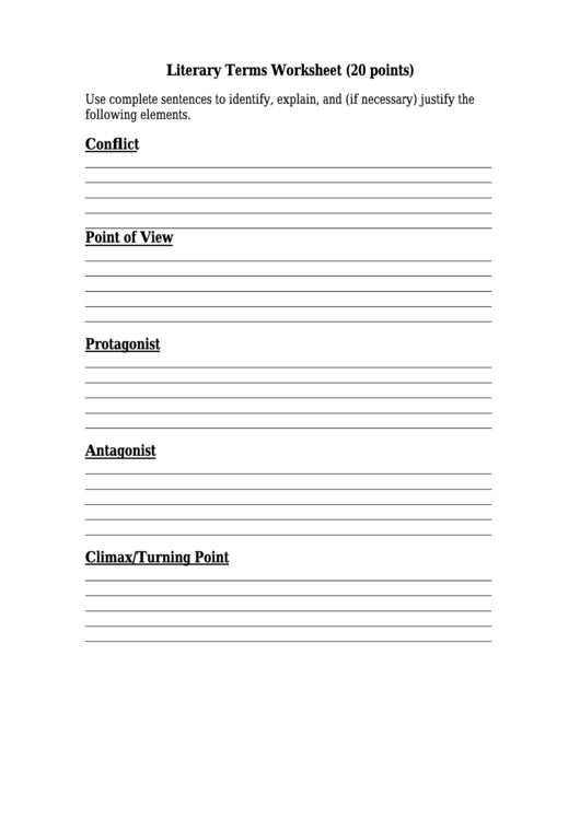 Literary Terms Worksheet (20 Points) Printable pdf