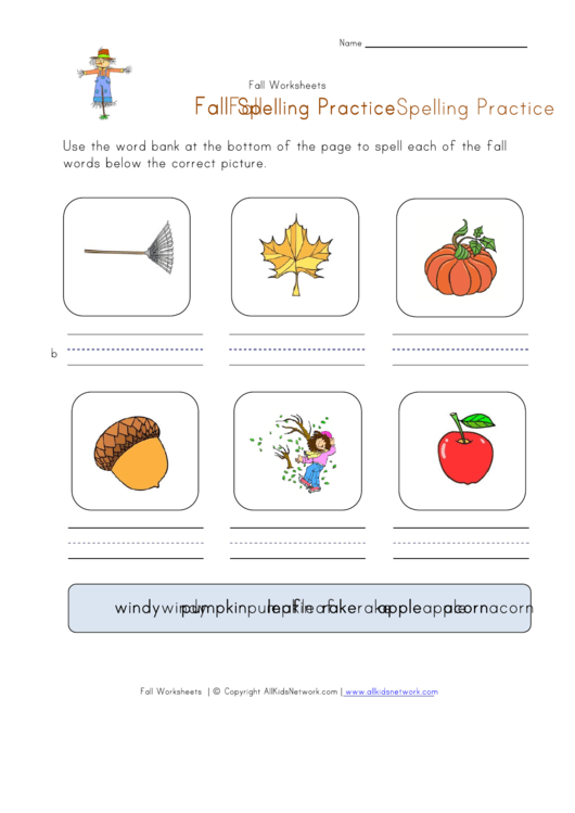 Fall Spelling Practice Sheet Printable pdf