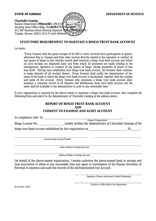 Form Bi-56 - Report Of Bingo Trust Bank Account And Consent To Examine And Audit Account Printable pdf