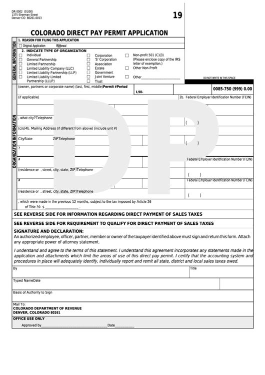 Form Dr 0002 - Colorado Direct Pay Permit Application Printable pdf