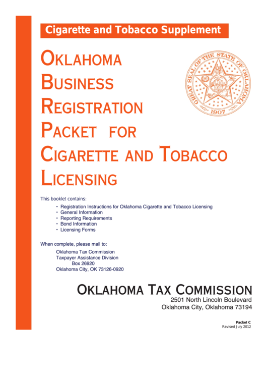 Fillable Oklahoma Business Registration Packet For Cigarette And Tobacco Licensing - Cigarette And Tobacco Supplement Printable pdf