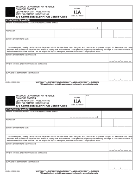 Fillable Form 11a - K-1 Kerosene Exemption Certificate Printable pdf