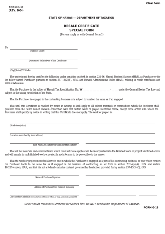 Fillable Form G-19 - Resale Certificate Special Form Printable pdf