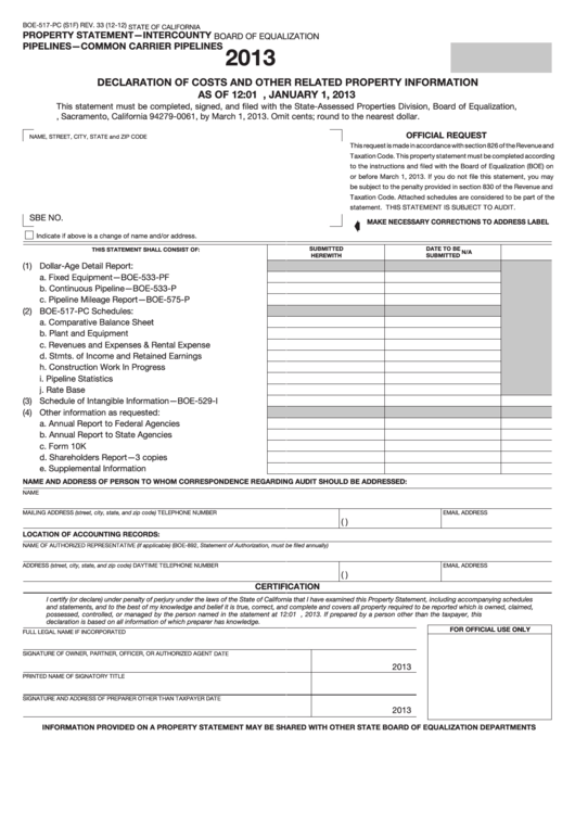 Fillable Form Boe-517-Pc - Property Statement - Intercounty - Pipelines - Common Carrier Pipelines Printable pdf