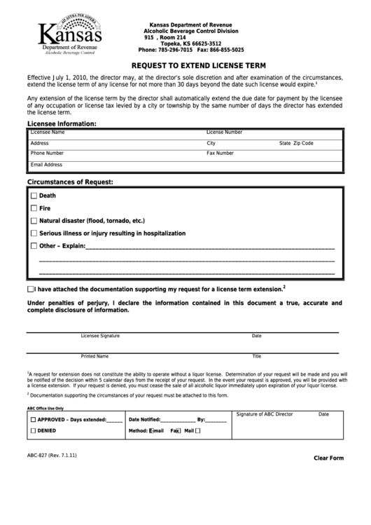 Fillable Form Abc-827 - Request To Extend License Term Printable pdf