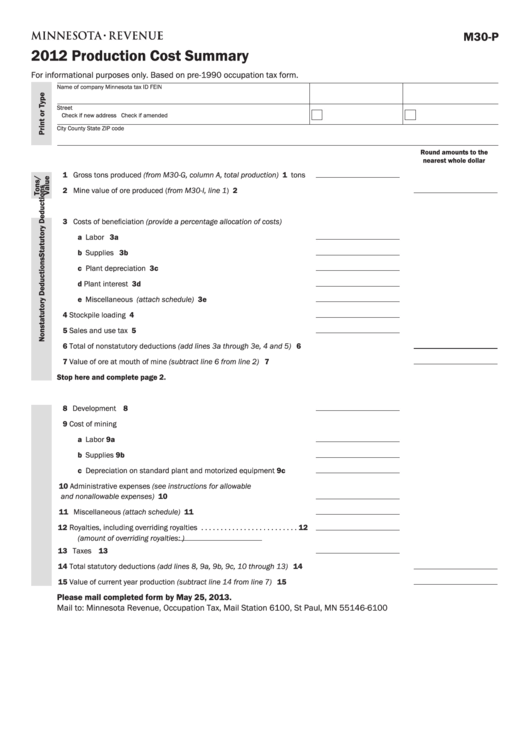 Fillable Form M30-P - Production Cost Summary - 2012 Printable pdf