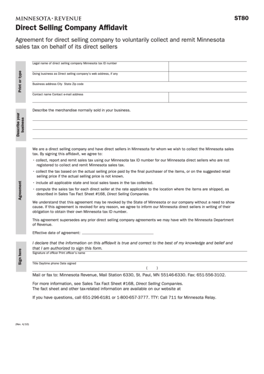 Fillable Form St80 - Direct Selling Company Affidavit Printable pdf