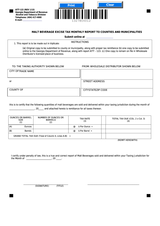 Fillable Form Att-122 - Malt Beverage Excise Tax Monthly Report To Counties And Municipalities Printable pdf