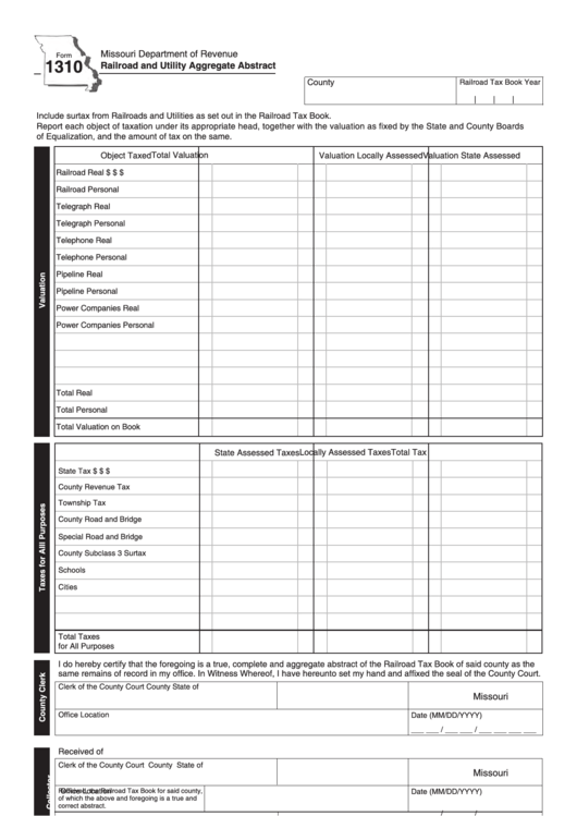 Fillable Form 1310 - Railroad And Utility Aggregate Abstract Printable pdf