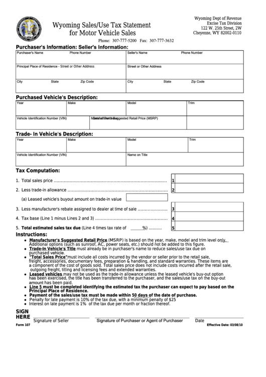 Fillable Form 107 - Wyoming Sales/use Tax Statement For Motor Vehicle Sales Printable pdf