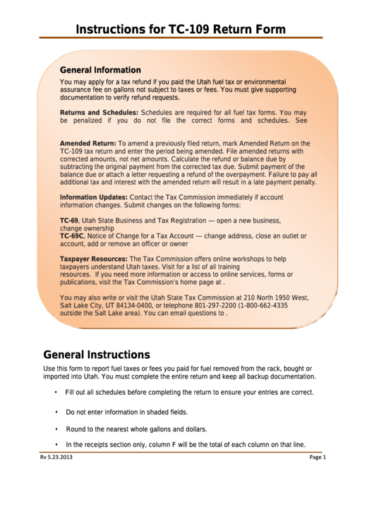 Instructions For Tc-109 Return Form Printable pdf