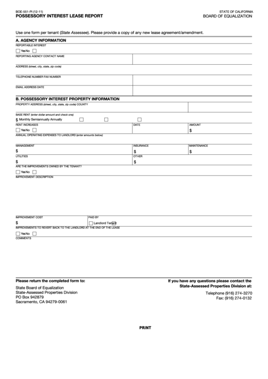 Fillable Form Boe-551-Pi - Possessory Interest Lease Report Printable pdf